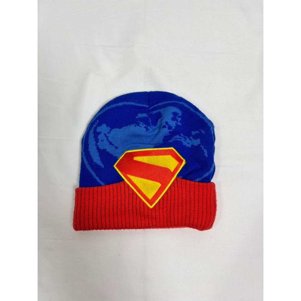Superman DC Comics Blue Red Knit Beanie Hat World Map Graphic Accessory Innov.